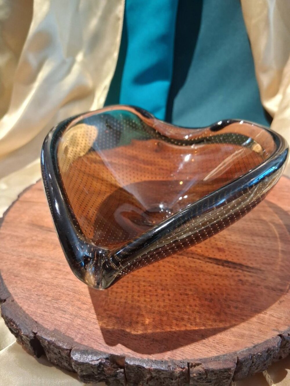 Vintage Murano Style Amber Glass Controlled Bubble Bullicante Heart Dish